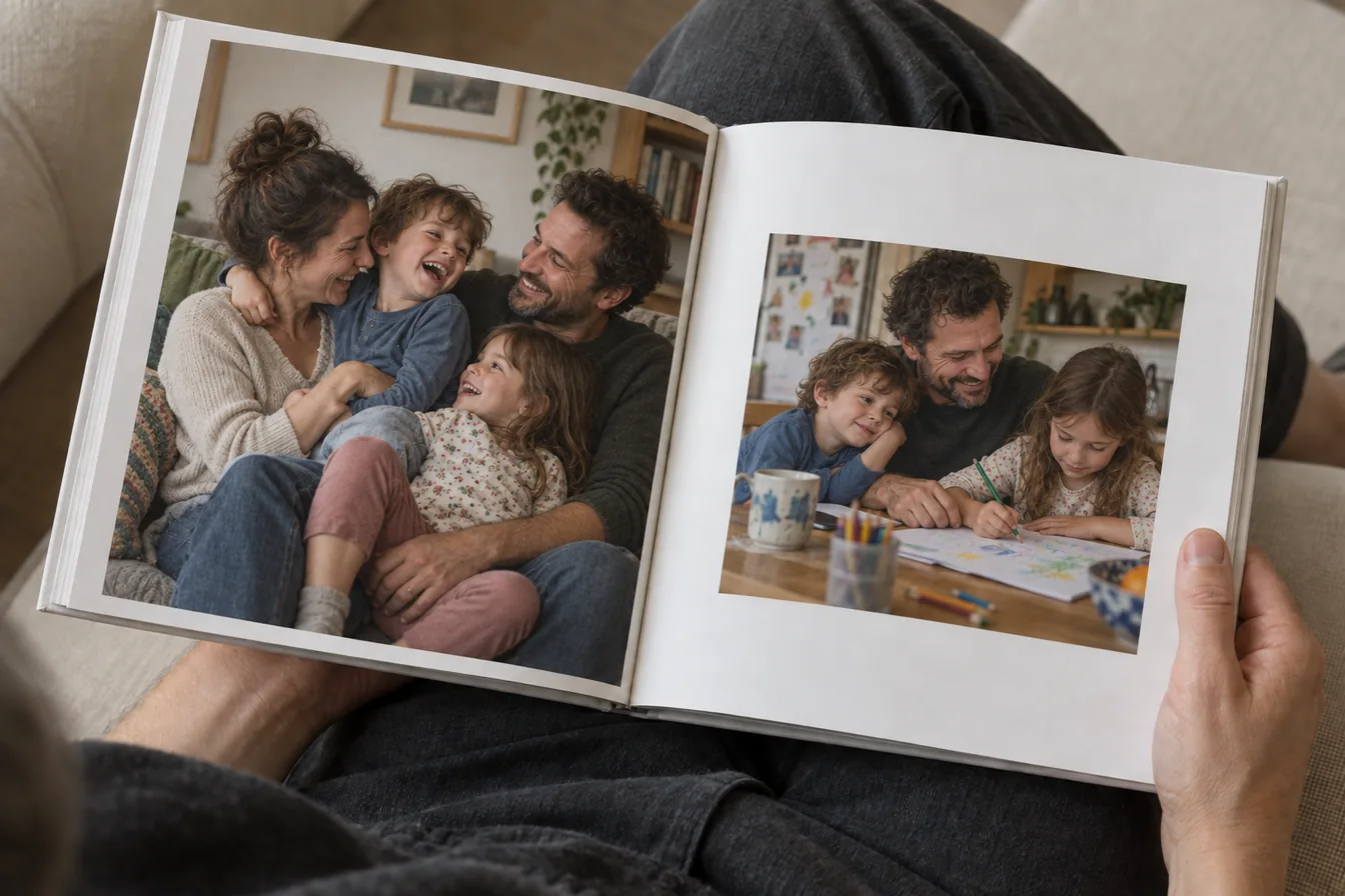 A photo book held open on a lap, with a family cuddling together on one page and a father drawing with his children on the other.