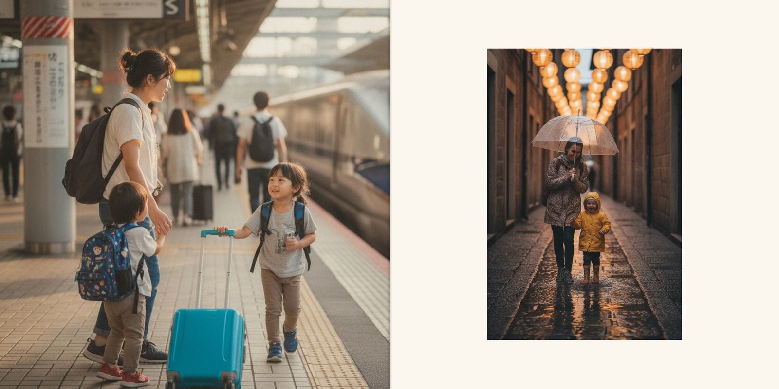 Sample travel book spread: a family waits at a Tokyo train platform on the left page; a rainy walk under lanterns fills a smaller frame on the right.